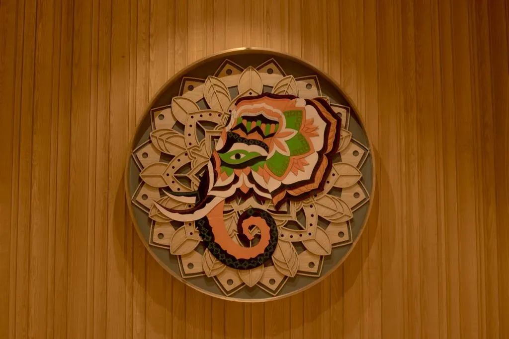 Detail of the leather and Phulkari embroidery installation at Starbucks Model Town, Jalandhar